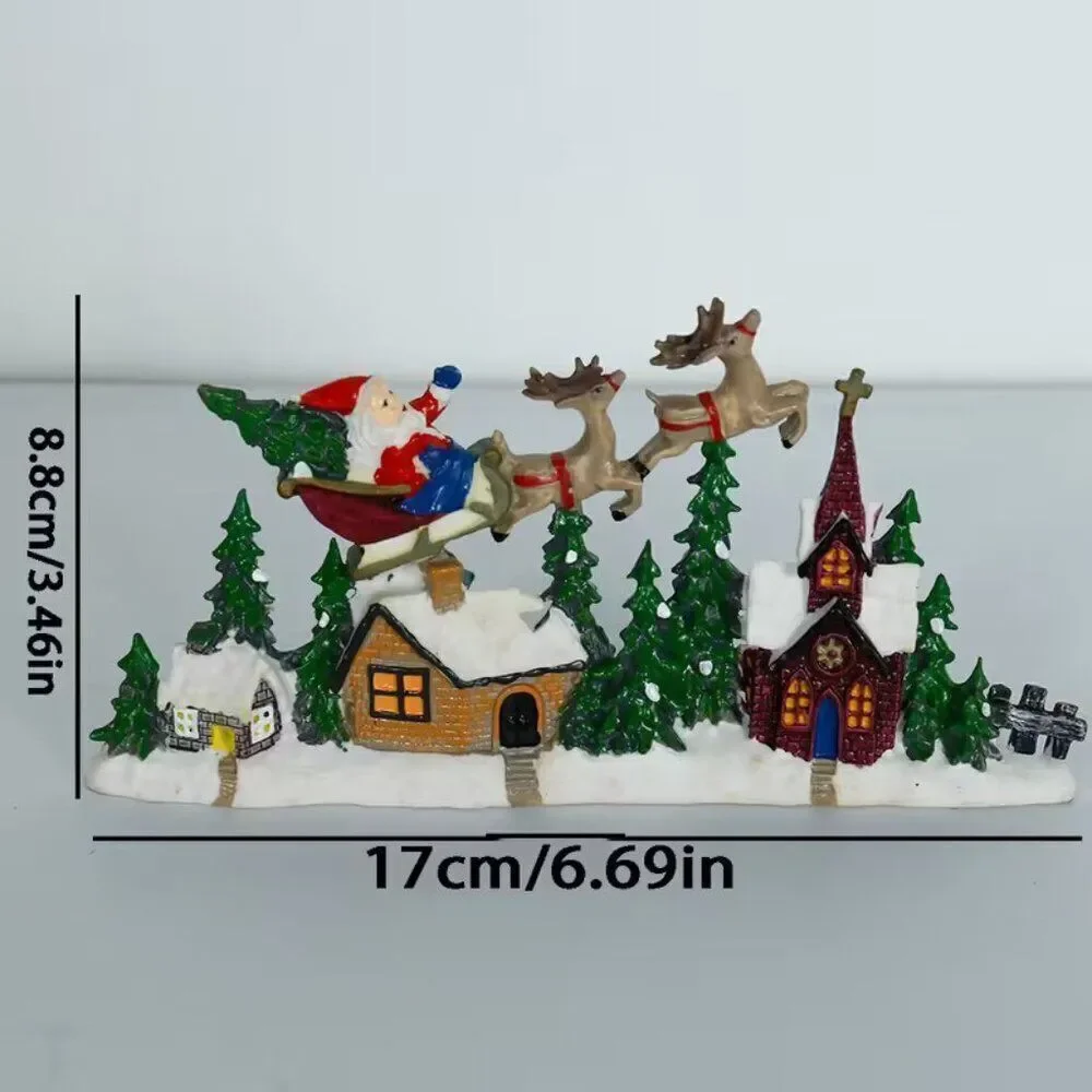 Santa w Sleigh & Reindeer over Church Resin Holiday Tabletop Decor, 3.4